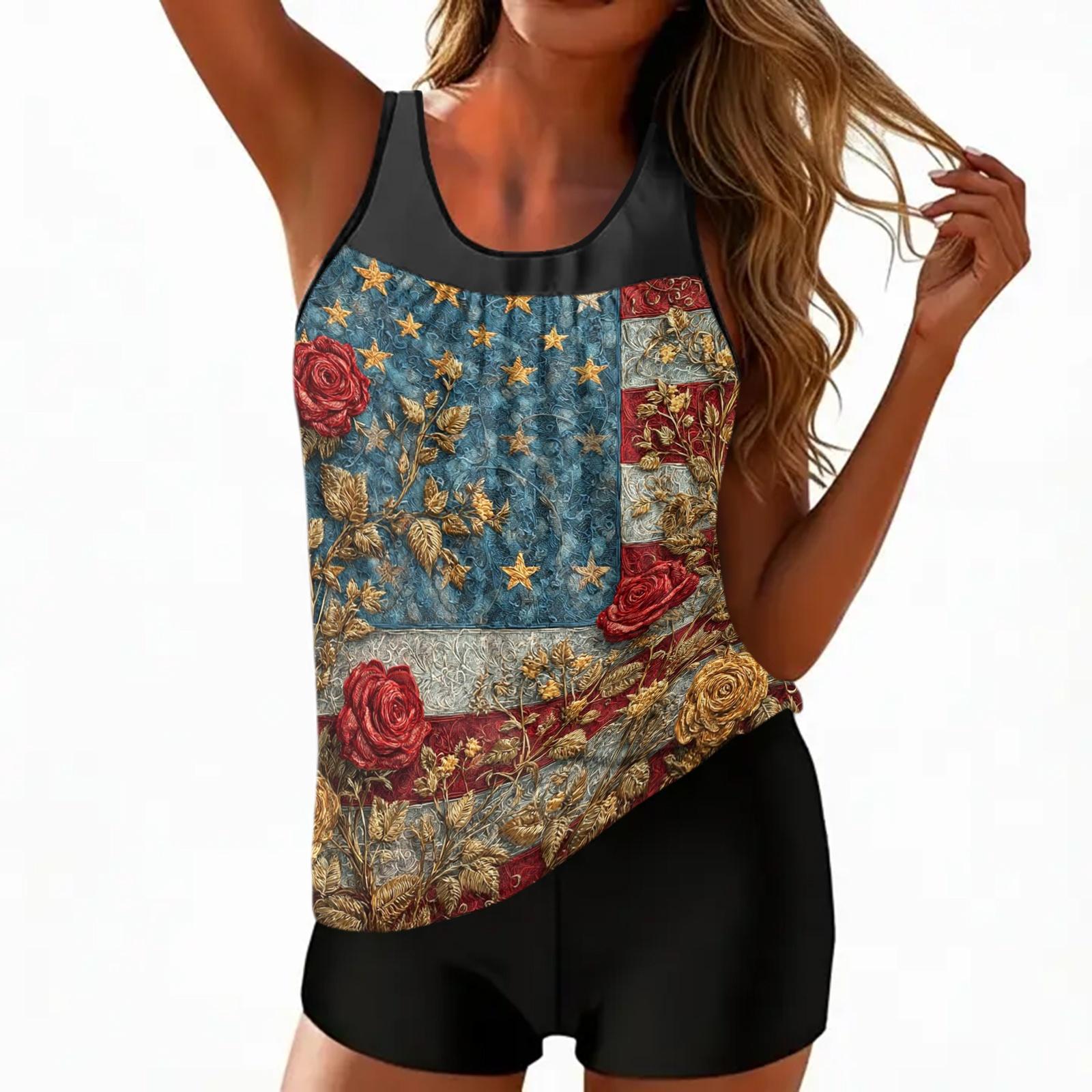 

Women’s Sleeveless Tankini Set with Printed Flag Pattern Scoop Neck Top and Solid Shorts for Summer Beachwear M синий