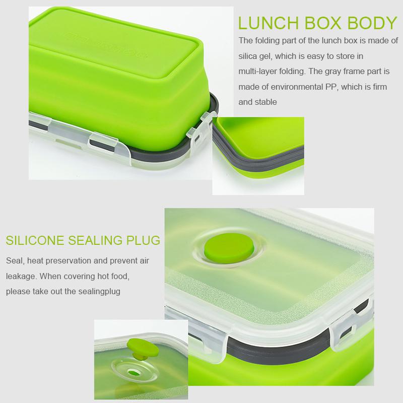 350 ml/500 ml/800 ml/1200 ml rechteckige, skalierbare, faltbare Lunchbox aus Silikon, Bento-Box