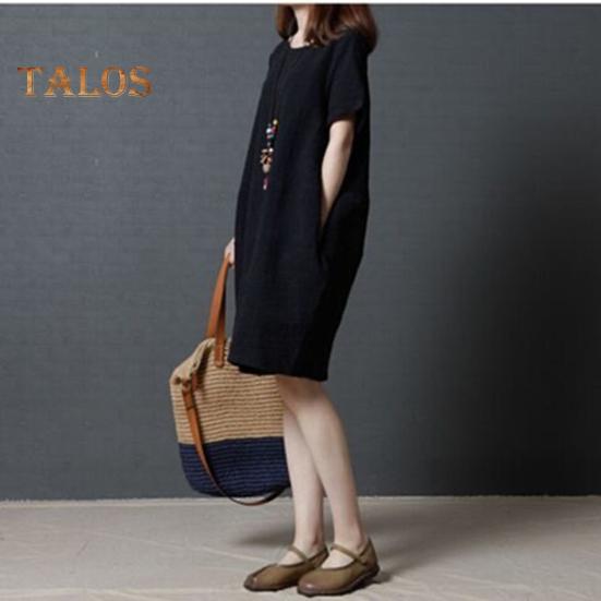 Lady Summer Dress O Neck Short Sleeves Pure Color Loose Side Pockets Knee Length Pullover Casual Commute Midi Dress