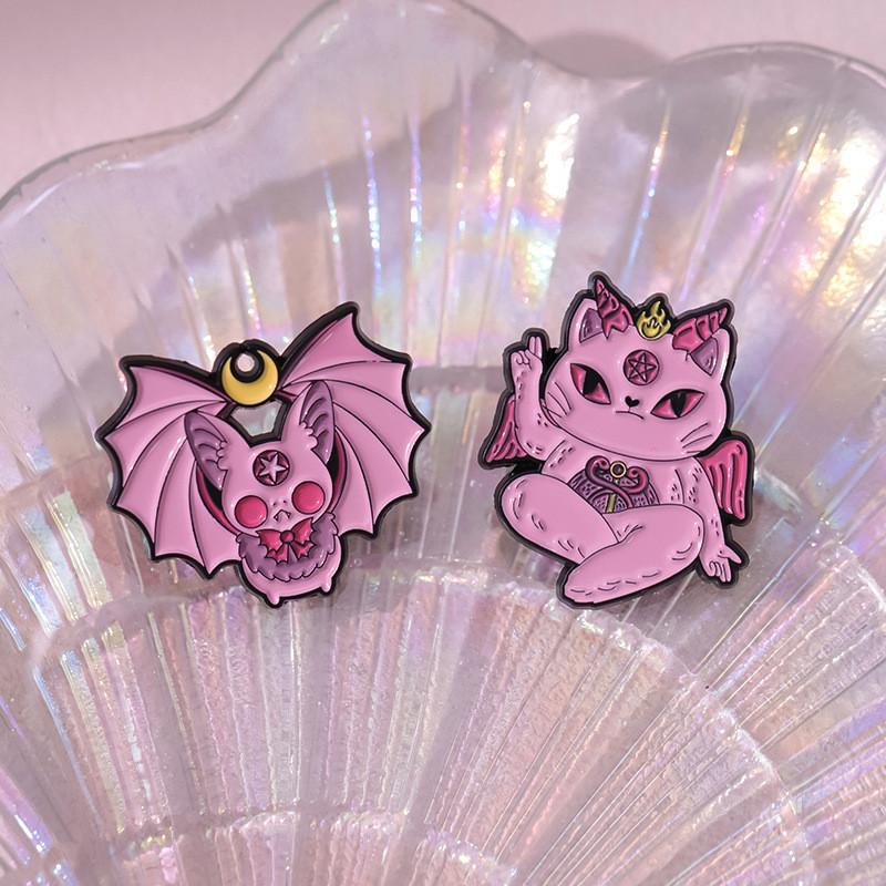 Adorable Cartoon Style Halloween Brooch With Pink Skull Bat And Cat For Festive Decoration