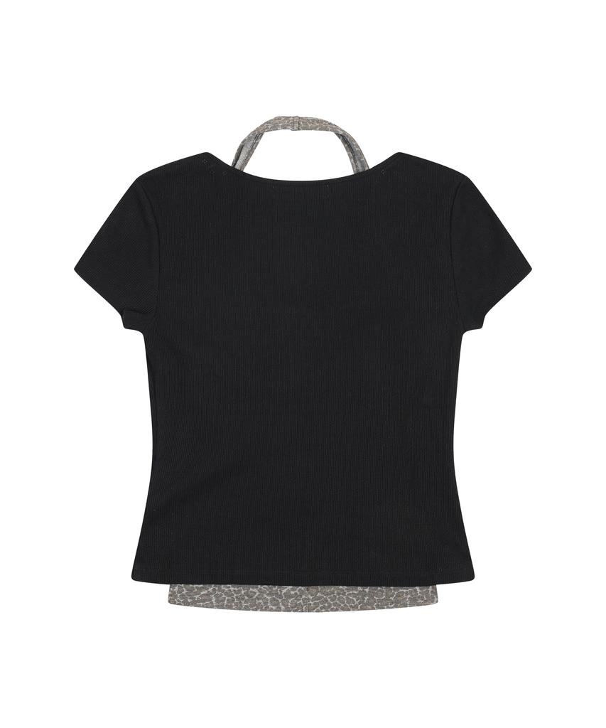 ORDINARY HOLIDAY Halter Layered Short Sleeve Set [Black]