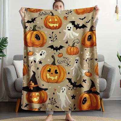 1 Stück Halloween Flanelldecke - Weicher 2D Kürbis/Fledermaus/Geist Druck | Bett/Sofa/Camping/Büro | Ganzjährig