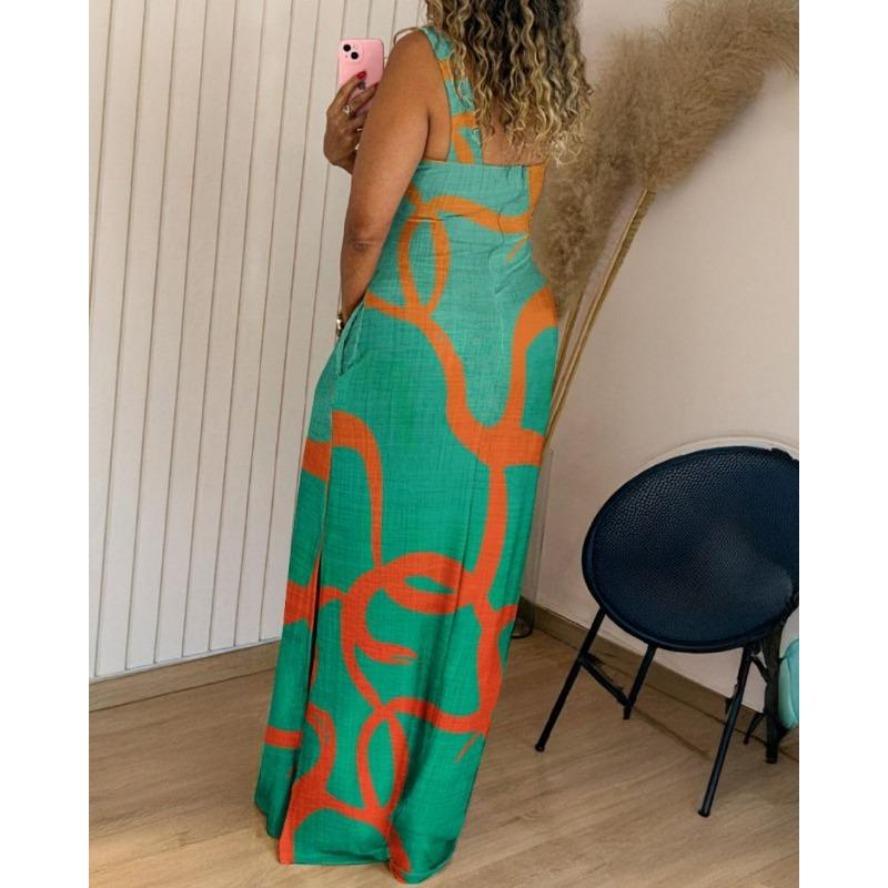 YYFS Women's Fashion Summer Spring Colour Block Print Sleeveless Square Collar High Waist Casual Dresses