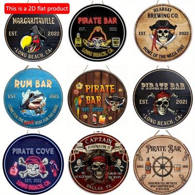 1pc 2d Flat Pirate Bar Wooden Round Sign, Pool Sign - 20cm Summer Decor, Personalized Gift, Beach House Tiki Bar Backyard BBQ Patio Porch Decor