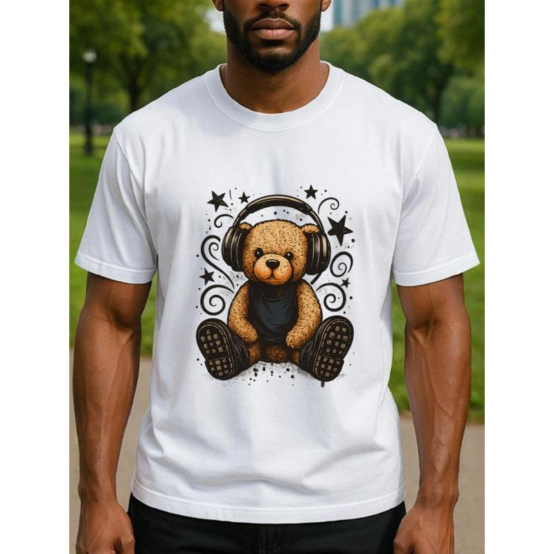 European sizes Teddy Bear Men'S Print Short-Sleeved Shirt with Headphones | Loose Round-Neck, Comfortable and Unique