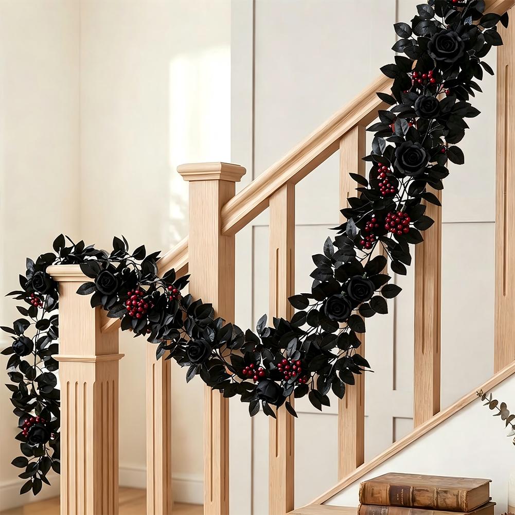 Artificial Black Rose Vine Lifelike Simulated Rattan Fake Leaves Gothic Halloween Garland Home Party Scene Halloween Decorations