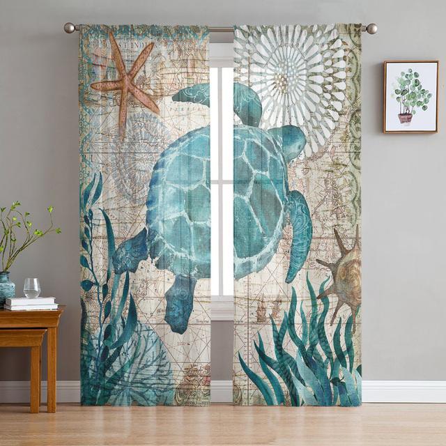 Blue Ocean Green Turtle Tulle Curtains For Bedroom Modern Voile Curtains Home Decoration Window Curtains