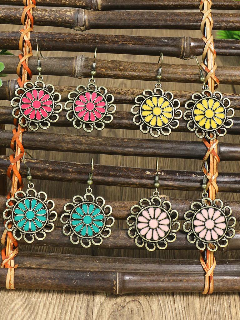 Vintage Bohemian Style Colorful Sunflower Alloy Dropping Oil Pendant Earrings Pendant Ornaments Women's Daily Versatile