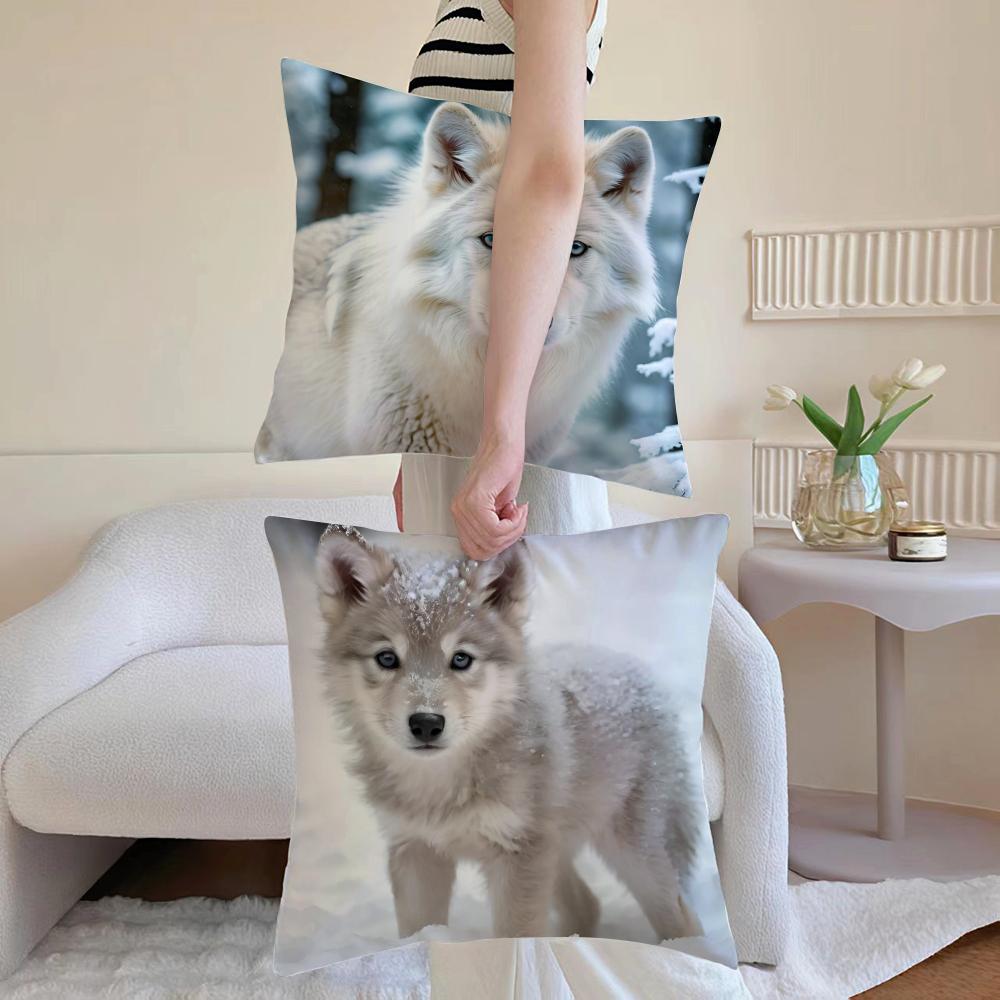 Majestic Animal Art White Wolf Cushion Cover Pillowcase Short Plush Invisible Zipper Room Sofa Cushion Cover