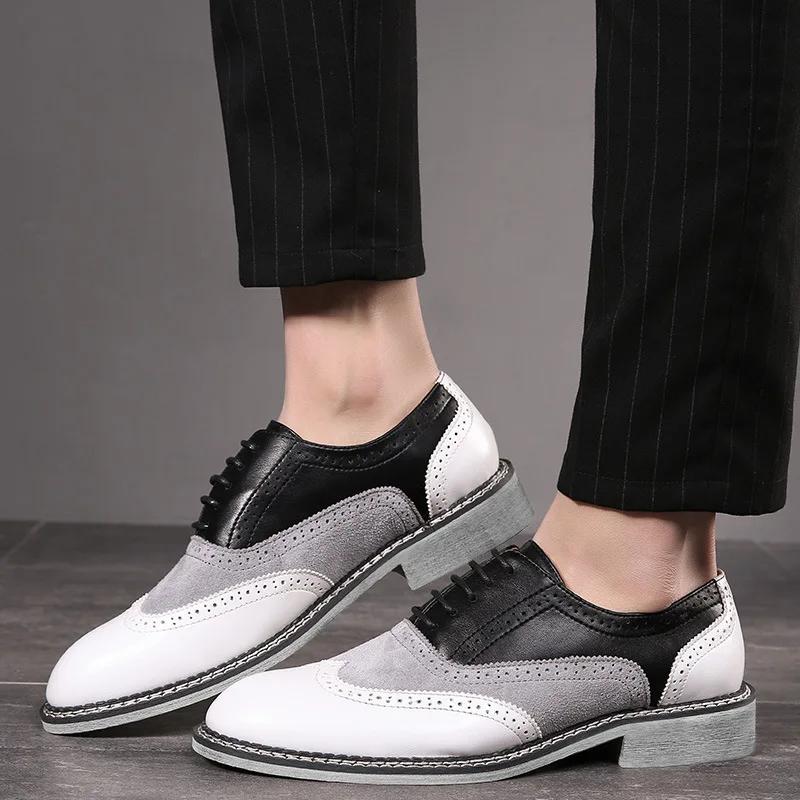 Fashion Large Size Men's Leather Shoes Color Matching Pointed Toe Business Casual Leather Shoes Men's Carved British Retro Shoes