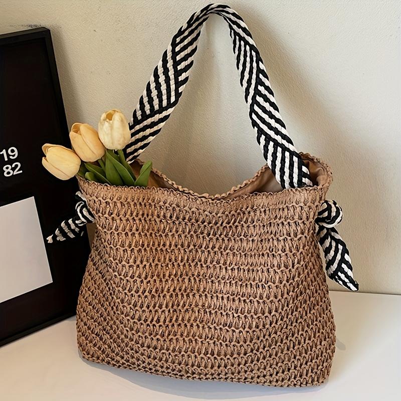 Boho Chic Große Gewebte Stroh-Tragetasche für Damen, Pendler-Handtasche, Schultertasche, Perfekt für Frühlingsausflüge, Strandtasche,
