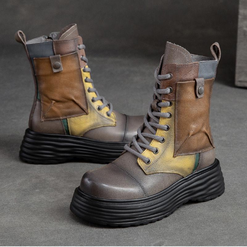 Johnature Damenstiefel mit dicker Sohle, echtes Leder, Retro-Stil, runde Zehenpartie, seitlicher Reißverschluss, gemischte Farben, Plateauschuhe