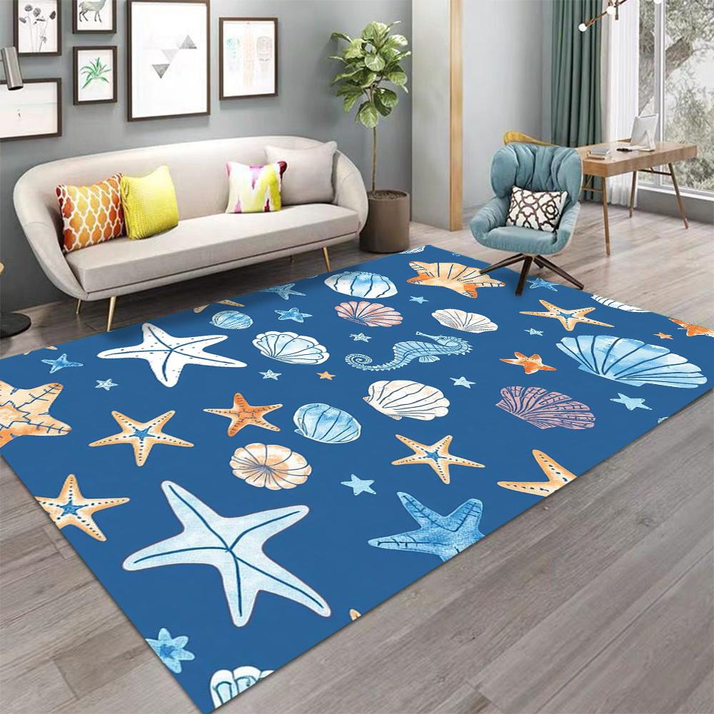 Cartoon Sea Shells Sea Stars Dolphins Carpet for Living Room Decor Sofa Rug Children's Play Mat Bedroom Bedside Rug Nursery Mat