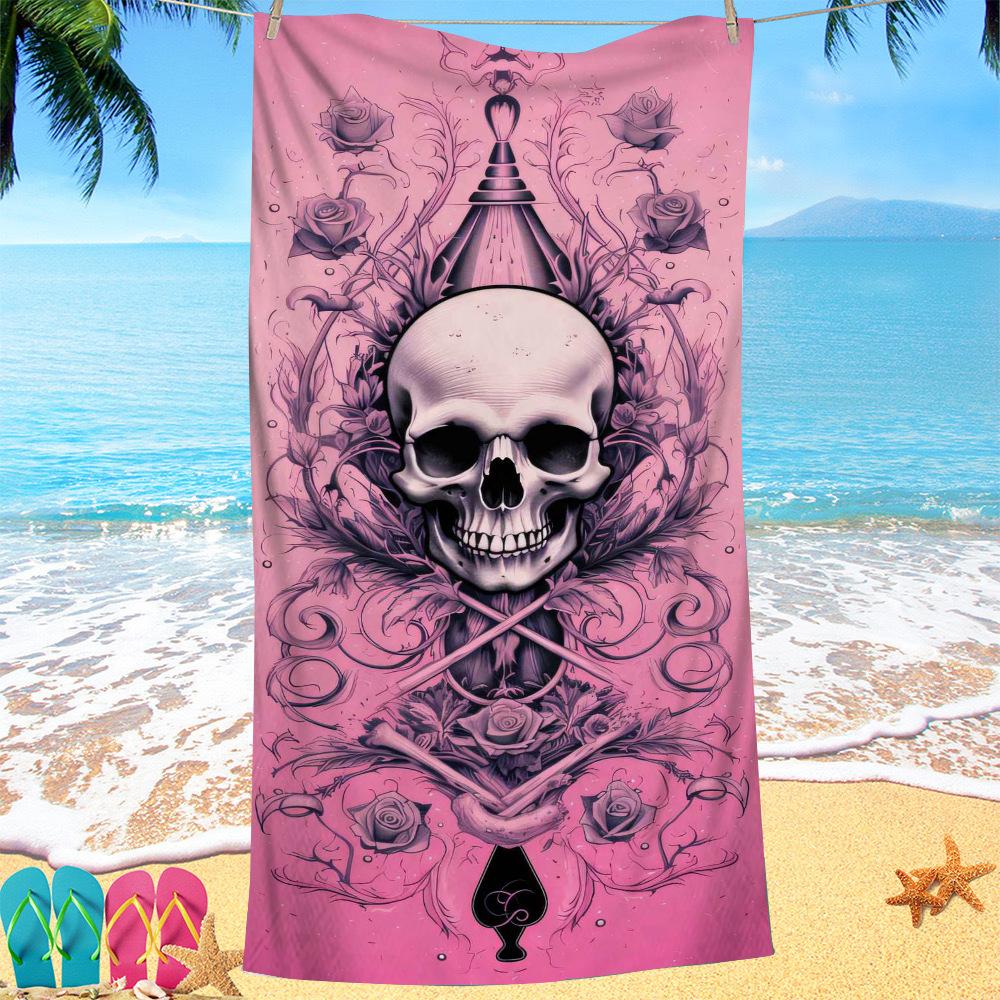 Pink Skull Collection Digital-printed Polyester Superfine Fiber Double-sided Fleece Beach Vacation Bath Towel, Beach Towel