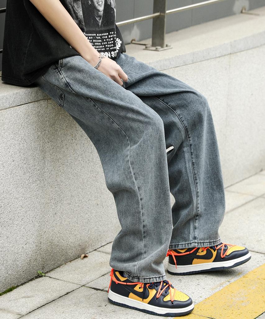 [eternal Cycle] Eternal Cycle Wide Denim Jeans - Men's Denim Pants, Loose Fit, Wide Leg, Baggy Pants, Casual EC-004 (L, Gray)