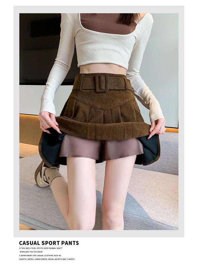 High-Waisted Pleated Chenille A-Line Skirt for Tall Women - Anti-Exposure, Corduroy, Short, Suitable for Spring and Autumn.