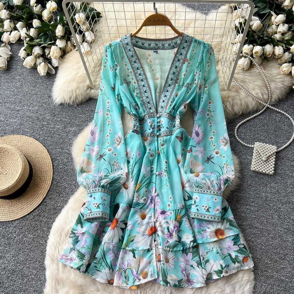 French romantic style V-neck floral dress for women's spring and autumn long-sleeved high-waisted lace-up and thin temperament A-shaped skirt