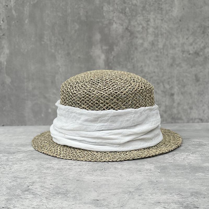 French Retro Salted Seaweed Hollow Woven Small Brim Flat Top Top Hat For Men And Women Summer Fashion Travel Short Brim Straw Hat