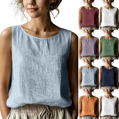 Women Sleeveless Tank Top Loose Fit Casual Round Neck Cotton Linen Blouse Summer Lightweight Breathable Sleeveless Shirt