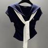 Korean College Style Fashion Contrasting Colors Navy Collar Short-sleeved T-shirt Women's Summer New Slim-fitting and Thin Top Ins