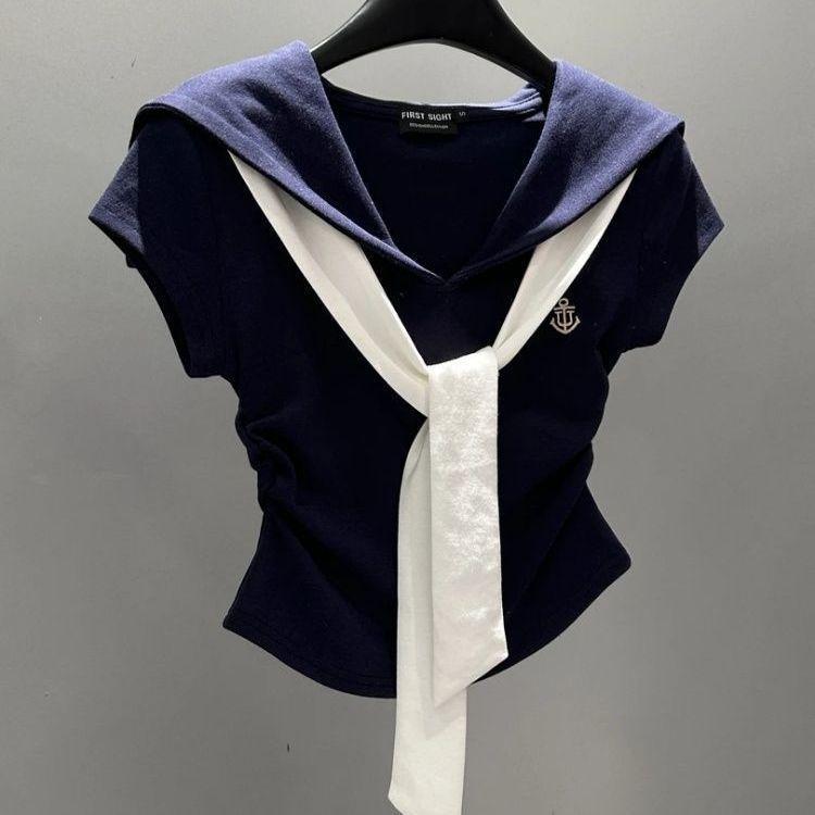 Korean College Style Fashion Contrasting Colors Navy Collar Short-sleeved T-shirt Women's Summer New Slim-fitting and Thin Top Ins