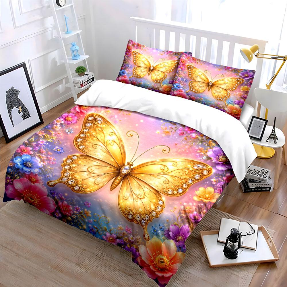 Golden Butterfly with Floral Background Bedding Set 1 Duvet Cover 2 Pillowcases for Adult and Children Luxury Gift Full Size