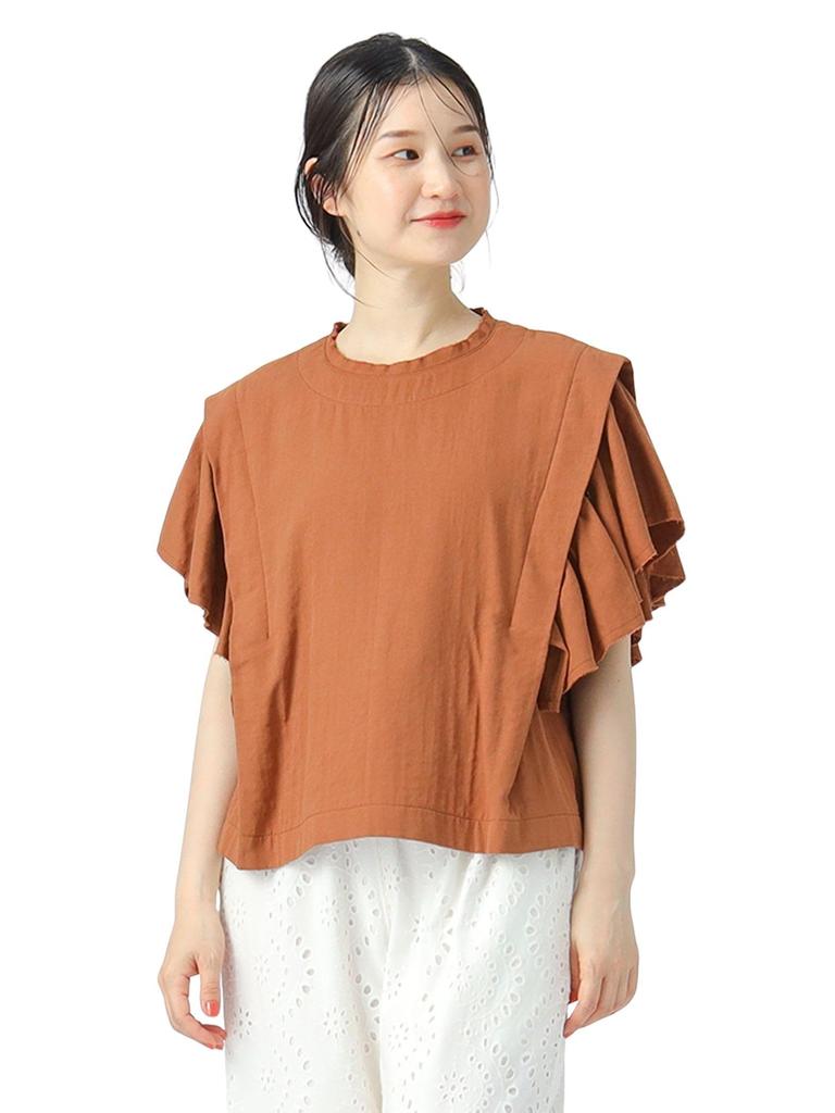Beams Heart Twill Gauze Frill Sleeve One Size Women's S/S Blouse, Brown,