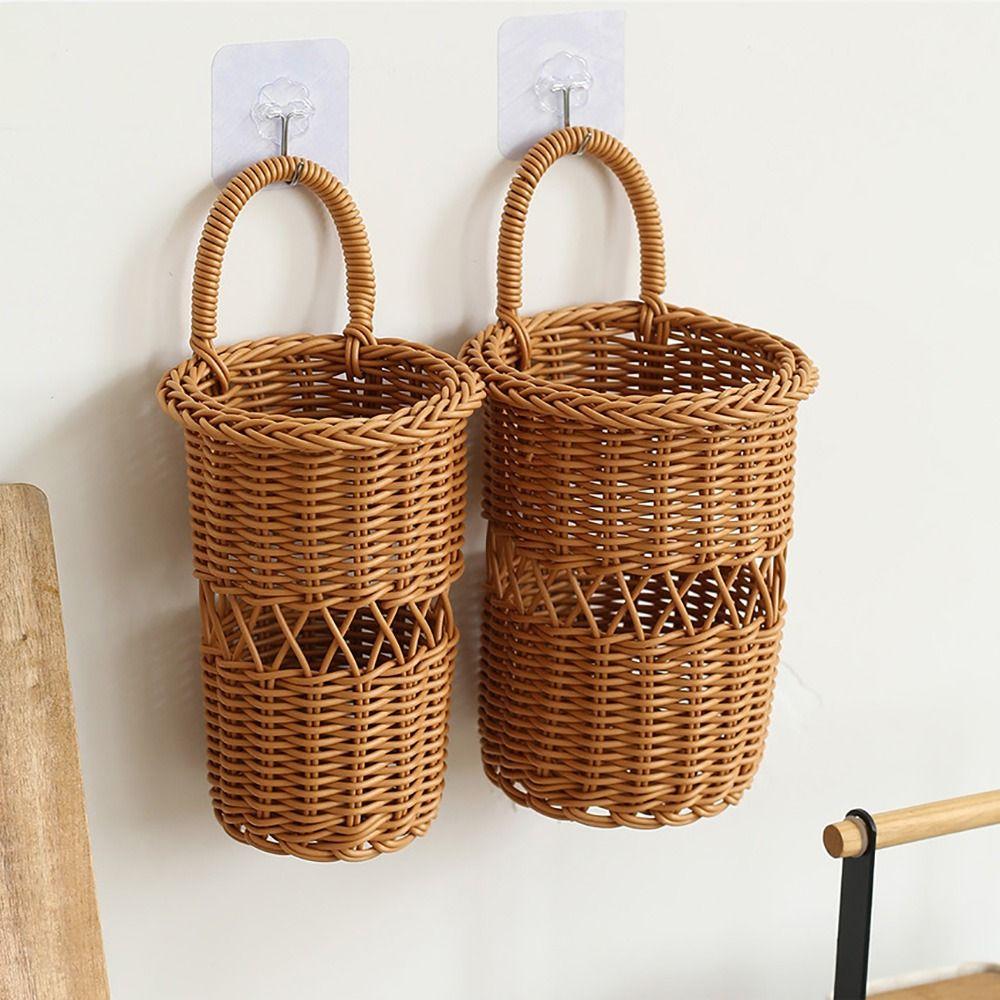 Brown Wall Mounted Storage Basket Hand-weave Flower Basket Durable Hanging Basket  Home Decoration