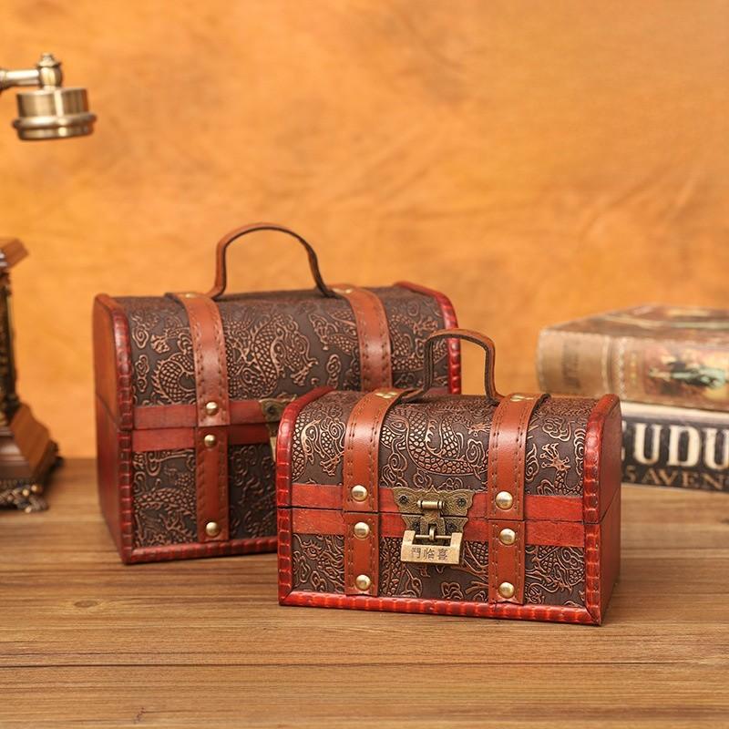 Retro Dragon Pattern Wooden Storage Box With Metal Lock For Storage Desktop