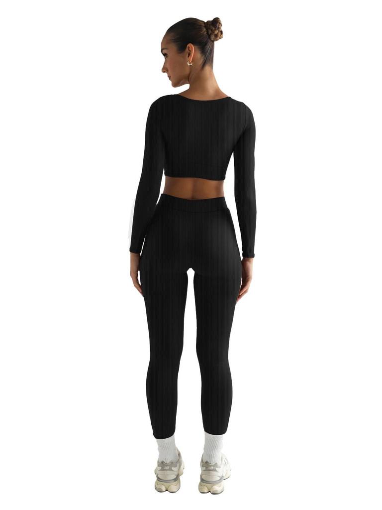 Women's Summer 2026 European & American Square Neck Two-Piece Set - Slim Fit, Long Sleeve, Solid Color Suit