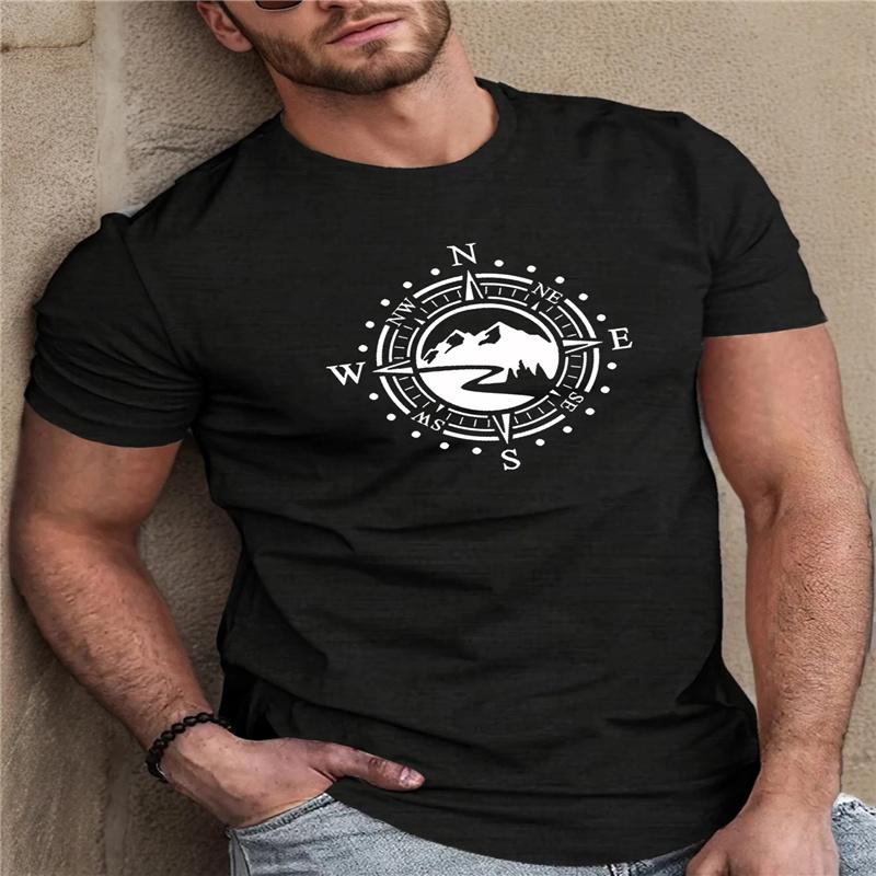 Summer Unisexs 100 Cotton Casual Loose Large Compass Pattern Printed Sports Comfortable Round Neck Short Sleeve Tshirt Top