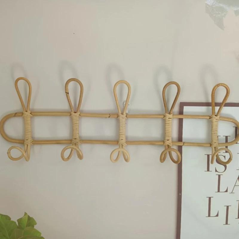 Rattan Hanger Rattan Wall Hooks Kids Garments Organizer Rack Clothes Hat Hanging Hook Kids Room Clothing Storage Decor Hangers