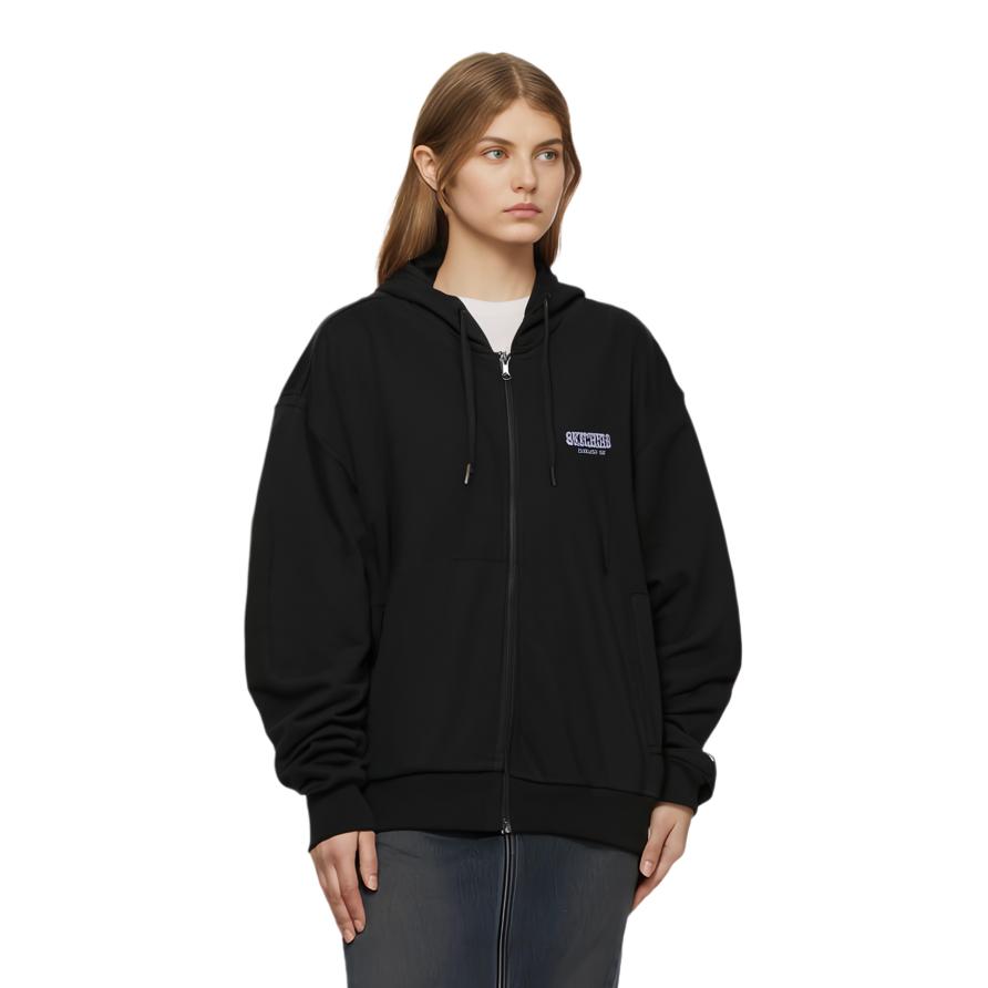 Skechers Solid Color Zipper Hooded Loose Cardigan Jacket Women jackets Carbon-Black L124W041-0018
