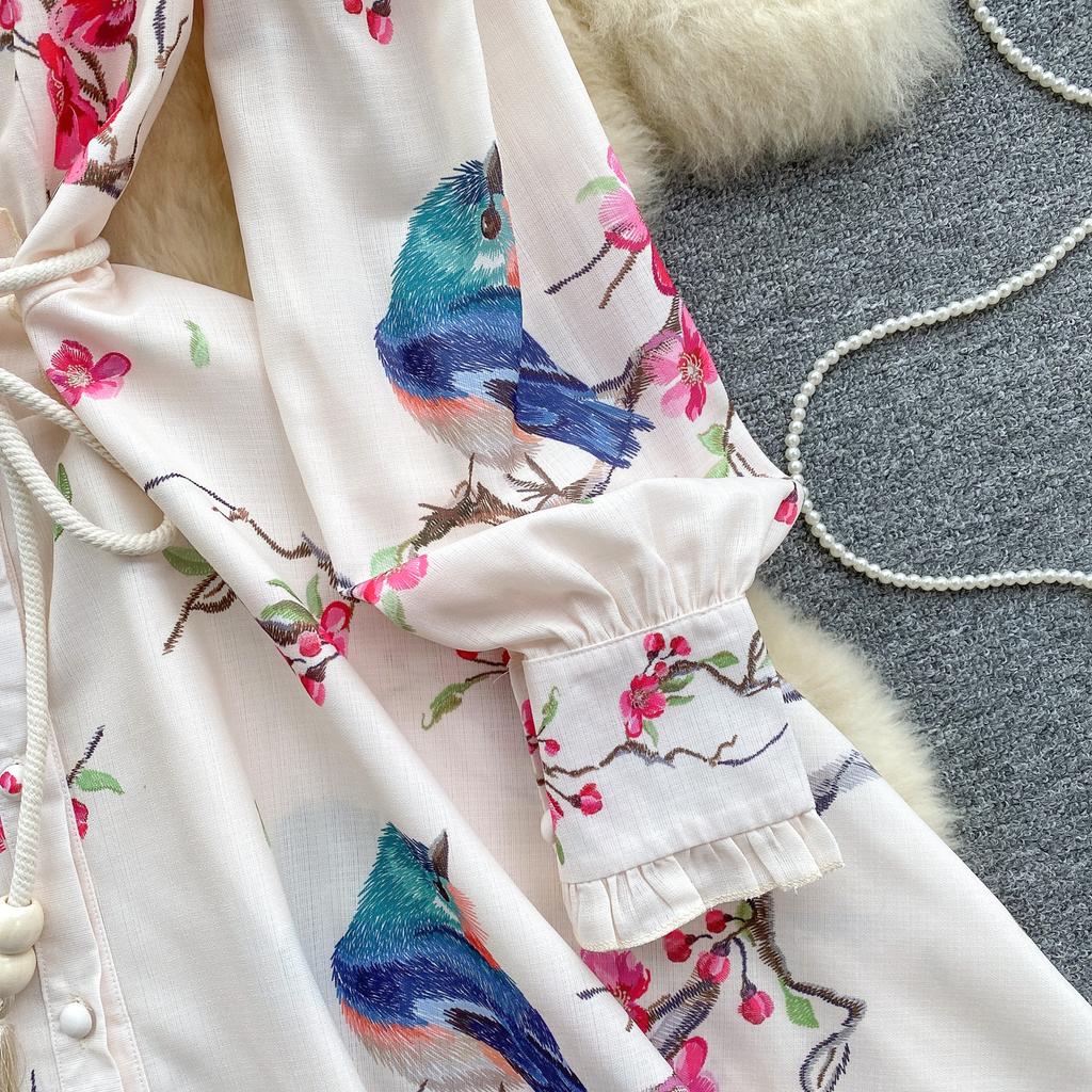 French Chic Retro Vestidos Female Long Sleeve Printed A-line Bodycon Dress Spring Lace-up Pleated Dresses Button Dropshipping