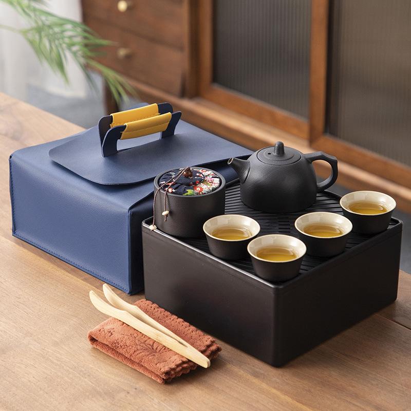Japanese-style black pottery outdoor portable travel tea set, beam pot, dry tea tray, business company gift
