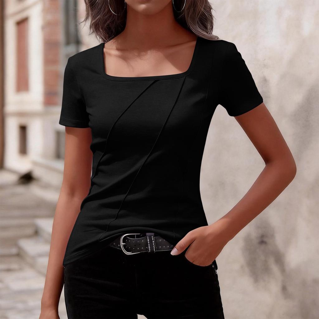 Women’s Fashion Elegant Square Neck Short Sleeve T-Shirt Top with Stripe for Casual and Office Wear