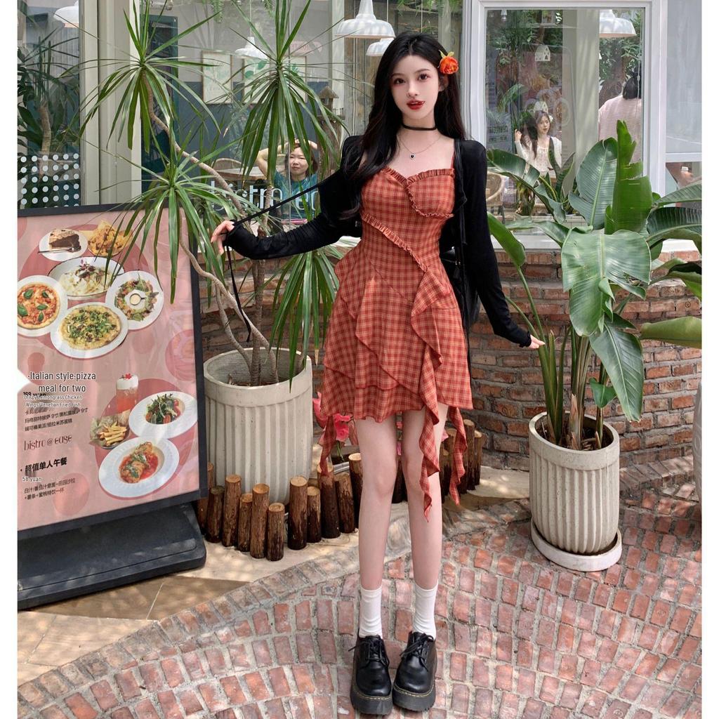 Women's Large Sun Protection Ruffled Plaid Skirt and Top Set