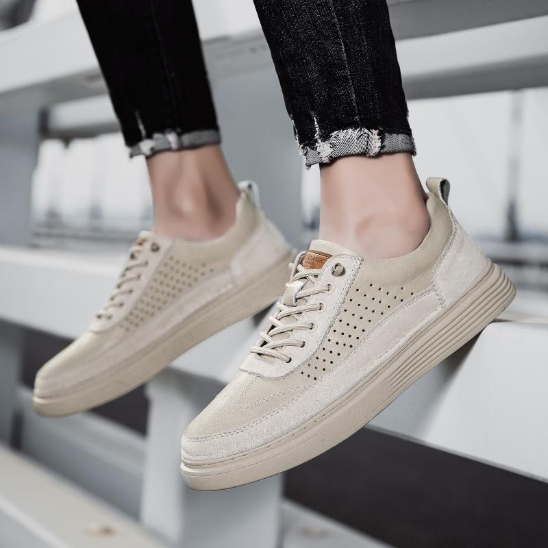 Móda Jaro a Léto Pánská Módní Nová Hovězí Kůže Pohodlné Skate Boty Značka Muži Outdoor Šněrovací Prodyšné Děrované Ležérní Boty