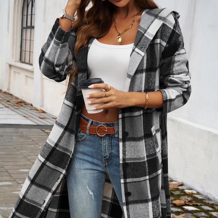Autumn Winter New Women's Casual Daily Everything Loose V-neck Contrast Color Breasted Medium Long Sleeve Hooded Coat