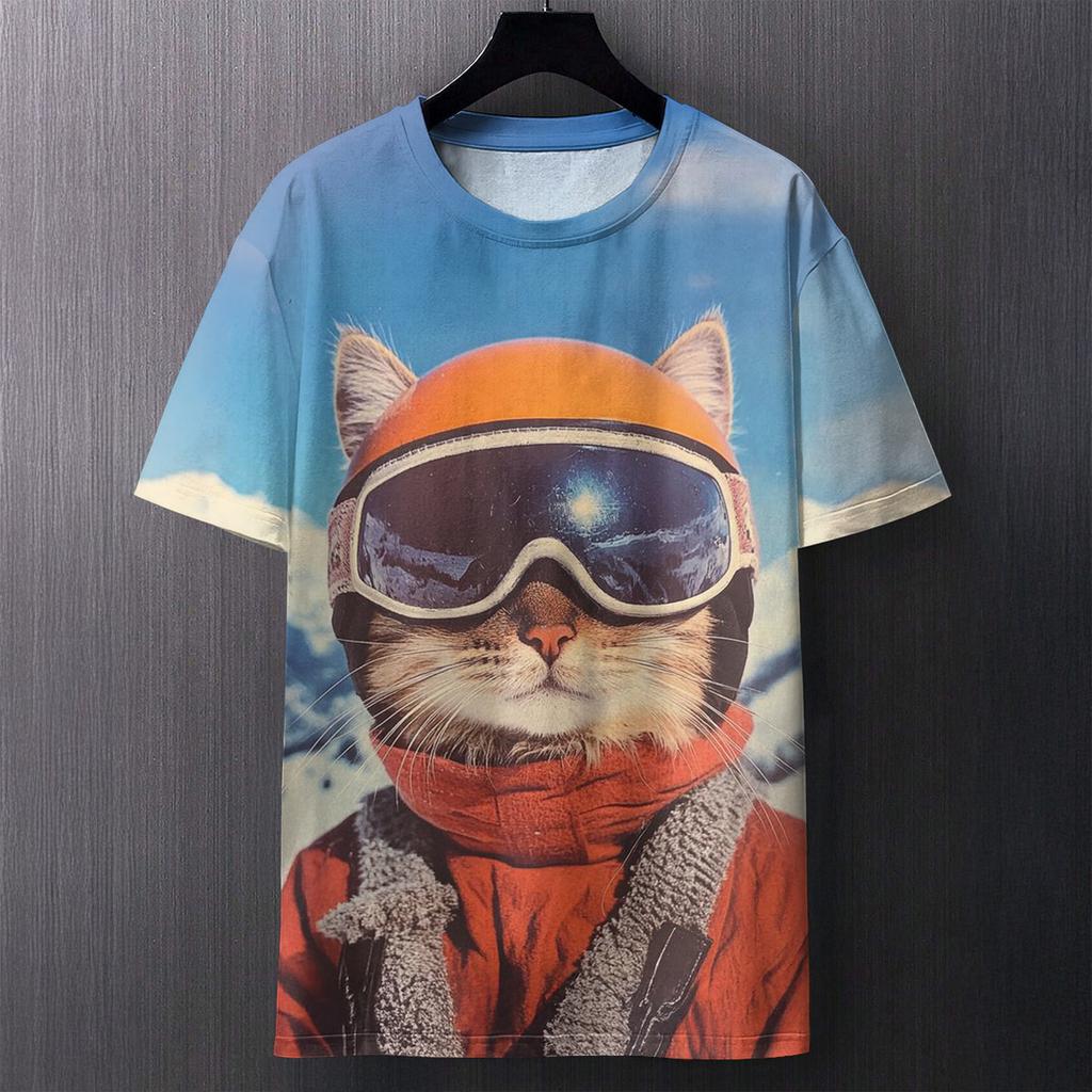 Fun Cat Pattern Printed T-shirt Summer Casual Loose Round Neck Short Sleeved Men's T-shirts