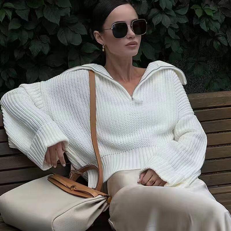 

Европейская и американская новая женская одежда Свободный повседневный вязаный пуловер Однотонный свитер на молнии Свободный свитер на молнии Ivory White S