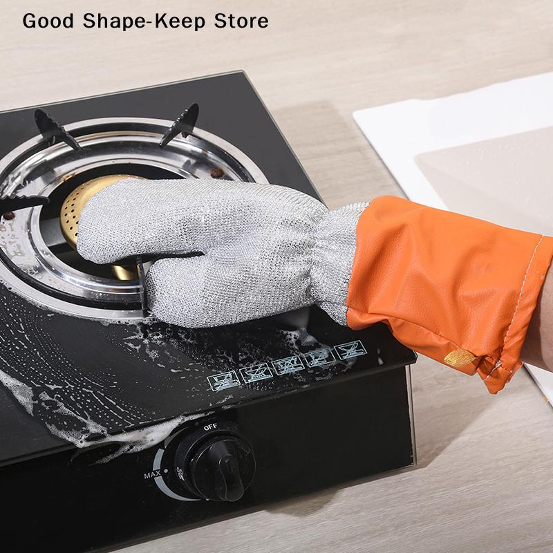 Waterproof And Heat-resistant, Thickened Silver-thread Dishwashing Gloves, And Wear-resistant Kitchen Cleaning Brush.