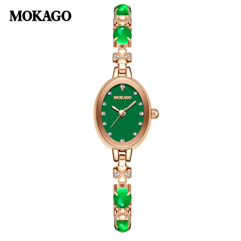 MOKAGO Elegant Peacock Green Chalcedony Women s Waterproof Quartz Bracelet Watch