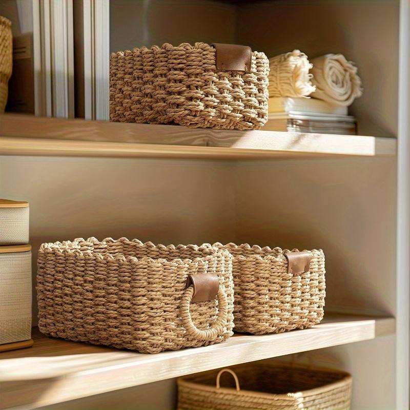 3pcs Woven Storage Basket, Paper Rope Storage Basket with Handle, for Organising, Storage Containers, Laundry Basket for Clothes