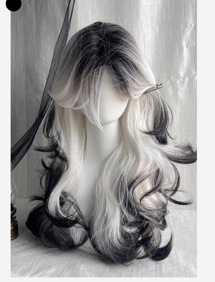 Ink In the Clouds: Black & White Gradient Long Curly Wig with Middle Part