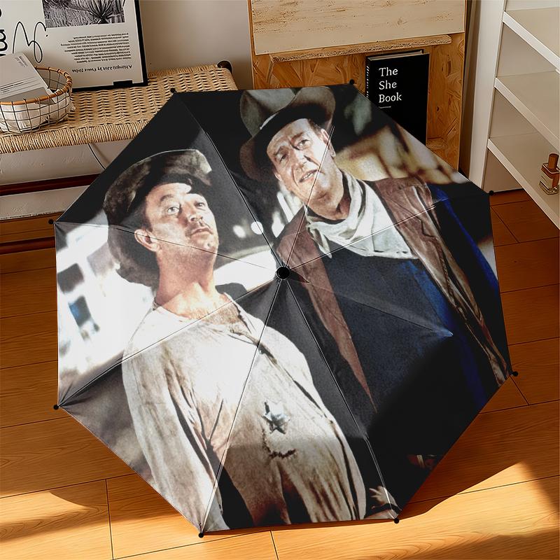 1pc Legendary John Wayne Umbrella Portable Folding Umbrella Iron Frame Hole Bone Structure Outdoor Home Umbrella