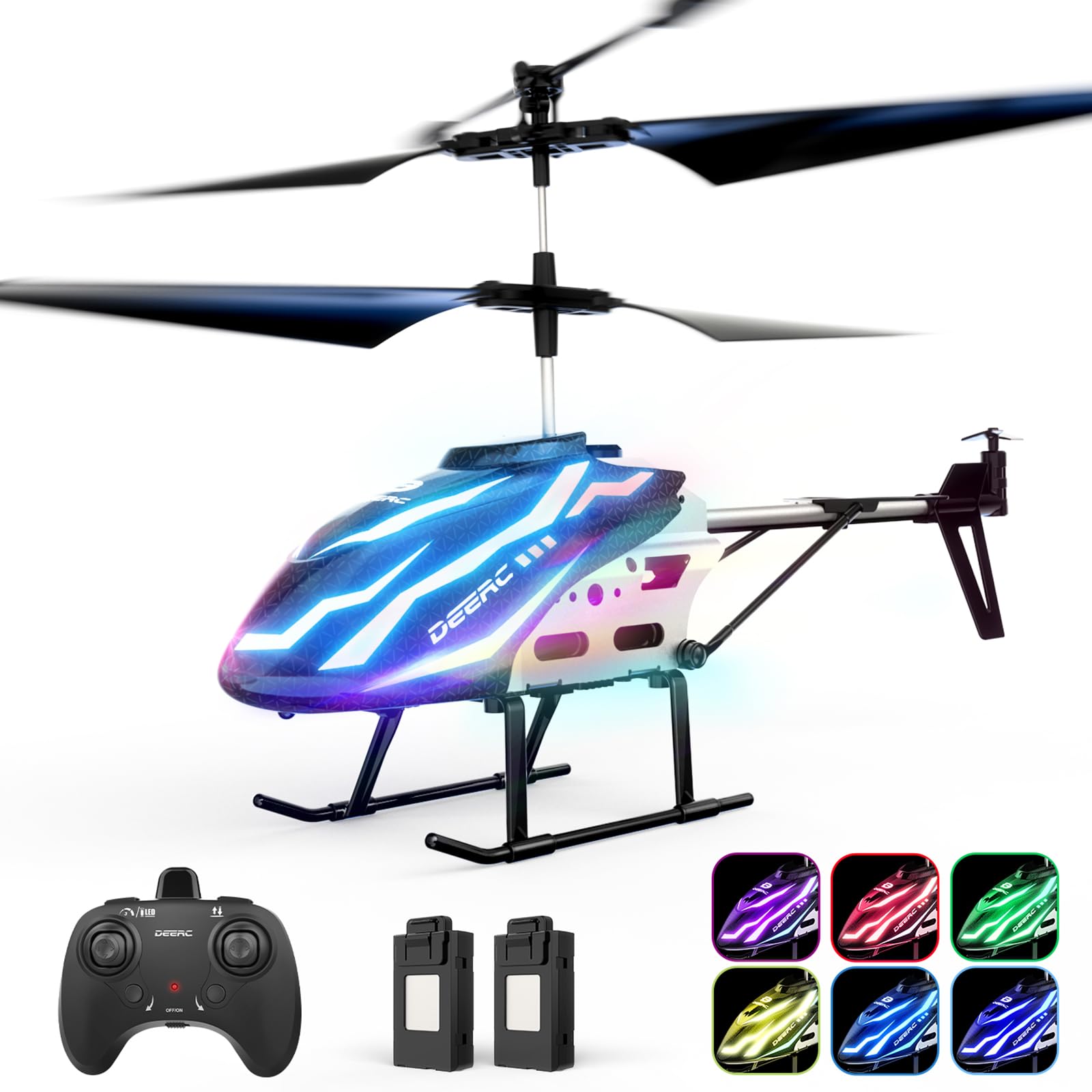 

DEERC RC Helicopter with Upgraded Indoor Toy for 2 Flight Altitude Emergency Gift for Boys and School Kindergarten Entrance Certified in Japan 7-Color синій
