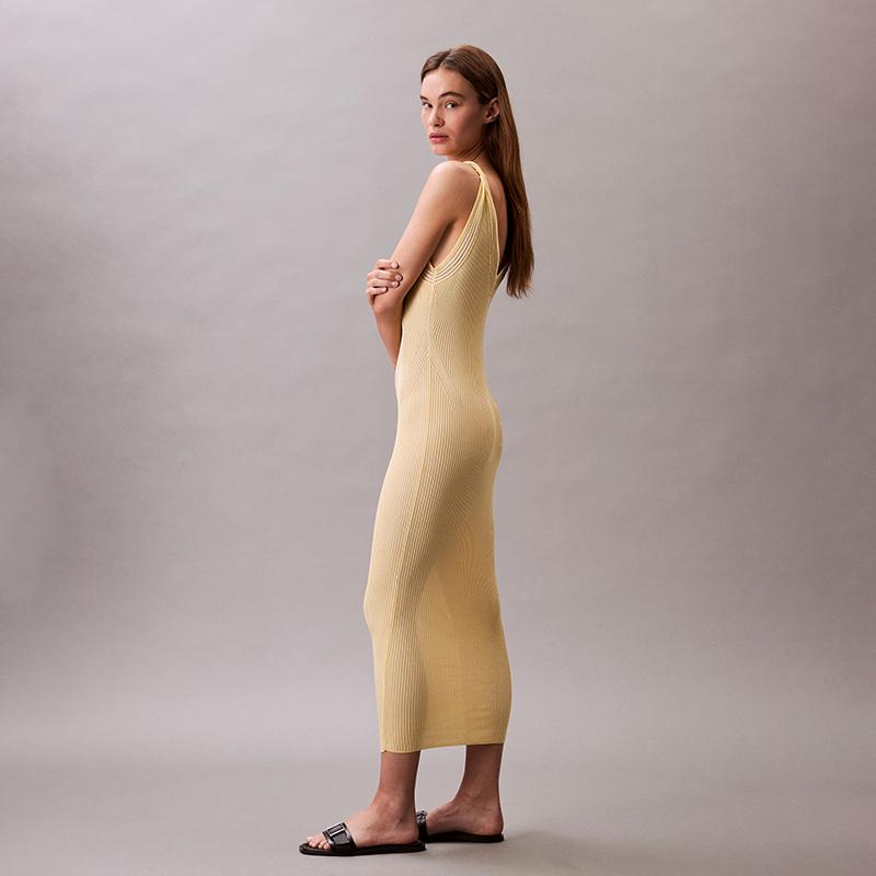Calvin Klein French V-Neck Ribbed Knit Slip Dress Women dresses Sunlight-Yellow 47C304G