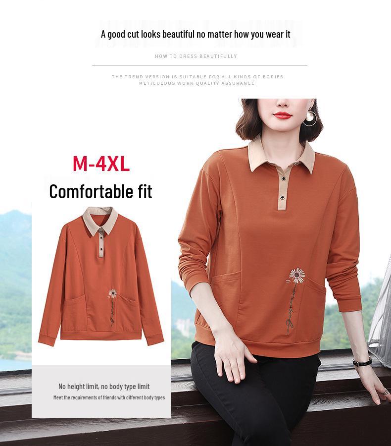 Herbst Baumwolle Langarm Umlegekragen Übergröße Oberteil für Damen