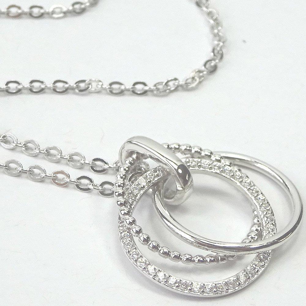 [Your and My Jewelry Box] WG-type Sterling Silver 925 Circle Motif Cubic Zirconia Diamond Triple Strand Necklace [Gift Wrapped] (Silver)